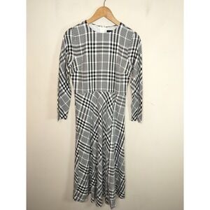 Ann Taylor Plaid Midi Dress Long Sleeve Black White